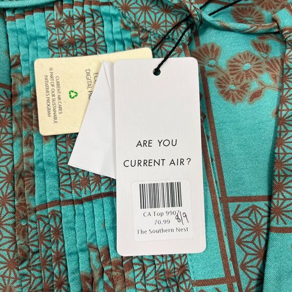 Current Air Anthropologie Blouse Long Sleeve V-Neck Women's S Teal Pleated NWT* - Picture 7 of 13